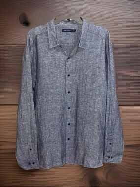 NWT Nautica Men's Linen Long-Sleeve Button-Down Shirt in Navy Seas Gray-XL